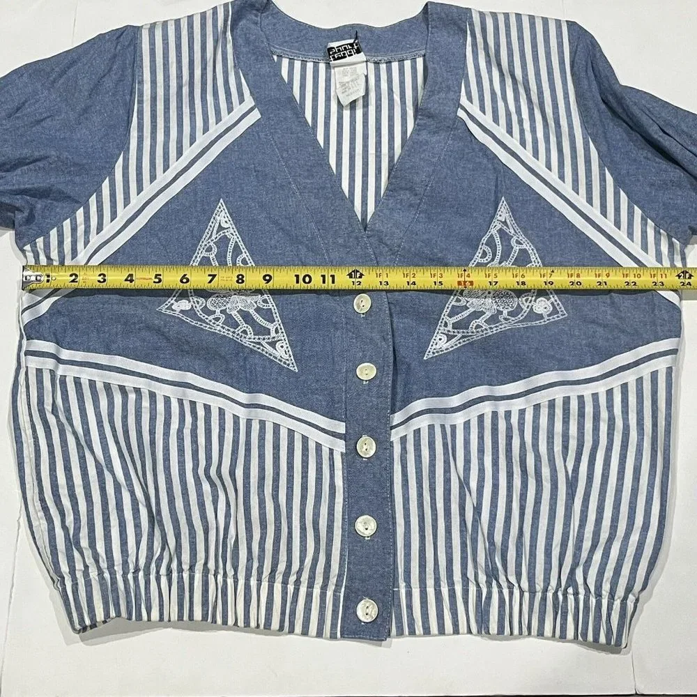 Vintage 80s Blue White Striped Cotton Pearl Button Oversized Jacket Women Medium - Picture 12 of 16